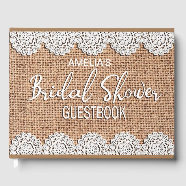 Libro De Visitas Burlap Lace Rustic Bridal Shower Guestbook (Anverso)