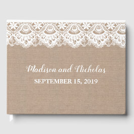 Libro De Visitas Burlap y Lace Boda Guest Book, Rústico