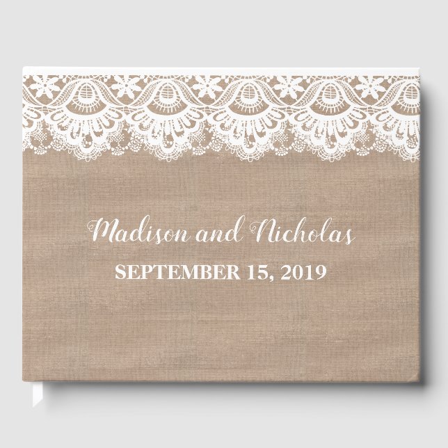 Libro De Visitas Burlap y Lace Boda Guest Book, Rústico (Anverso)