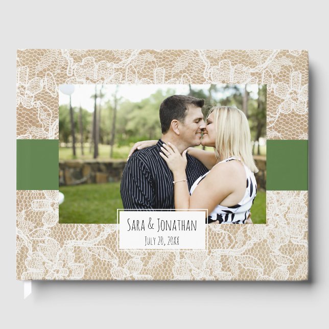 Libro De Visitas Burlap y Lace Green Photo Boda (Anverso)