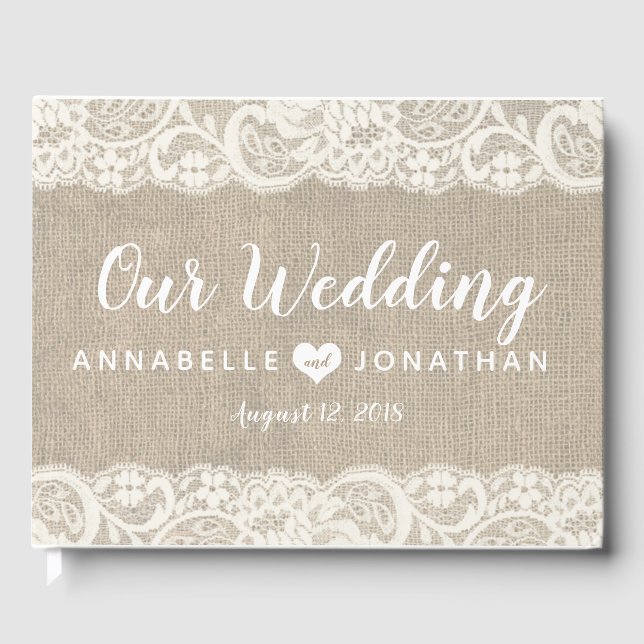 Libro De Visitas Burlap y Lace Rustic Boda Guest Book (Anverso)