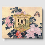 Libro De Visitas Butterfly Peonies 80th Birthday Celebration HCGB<br><div class="desc">Mariposa y peonías de Hokusai un marco dorado (escudo de armas o estilo escudo) con grandes números negros 90 y "Celebración del cumpleaños" (no personalizable) en un fondo amarillo medio transparente. Diseño de la invitación de portada dura para el libro de invitados con nombre y fecha para el personalizar. Puede...</div>