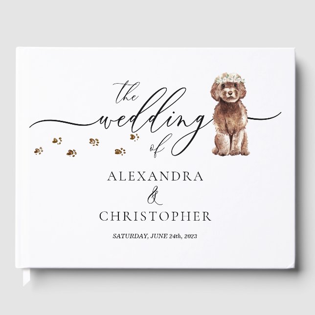 Libro De Visitas cachorro marrón Cavapoo mascota Caligrafía de Boda (Anverso)
