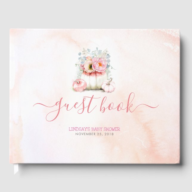 Libro De Visitas Calabaza Purpurina rosa floral Baby Shower (Anverso)