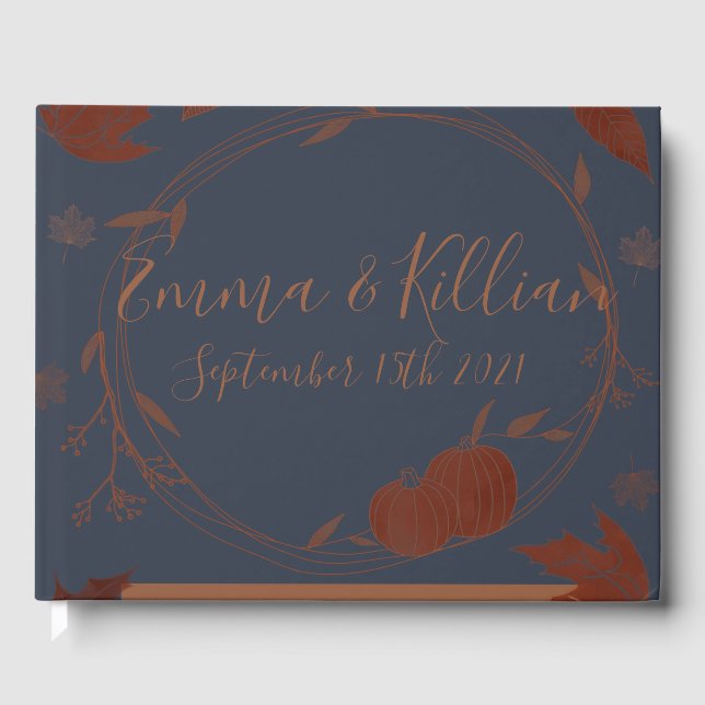 Libro De Visitas Calabazas y hojas de otoño azul oscuro (Anverso)