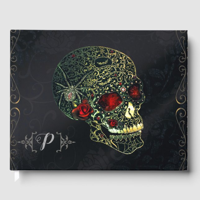 Libro De Visitas Calavera araña y Rosas Glam Fiesta gótico (Anverso)