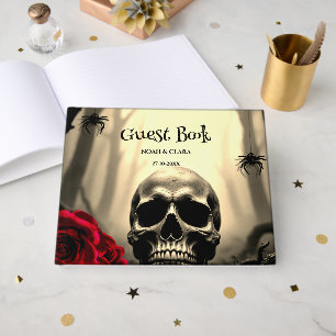 Libro De Visitas Calavera gótica floral negra con rosas rojas aterr