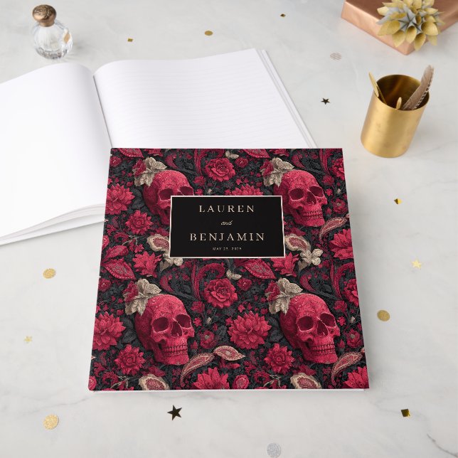 Libro De Visitas Calaveras Florales Negras Góticas (Anverso Abierto)