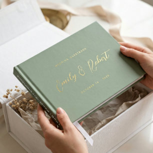 Libro De Visitas Caligrafía Dorada Atemporal Verde Salvia Fotografí