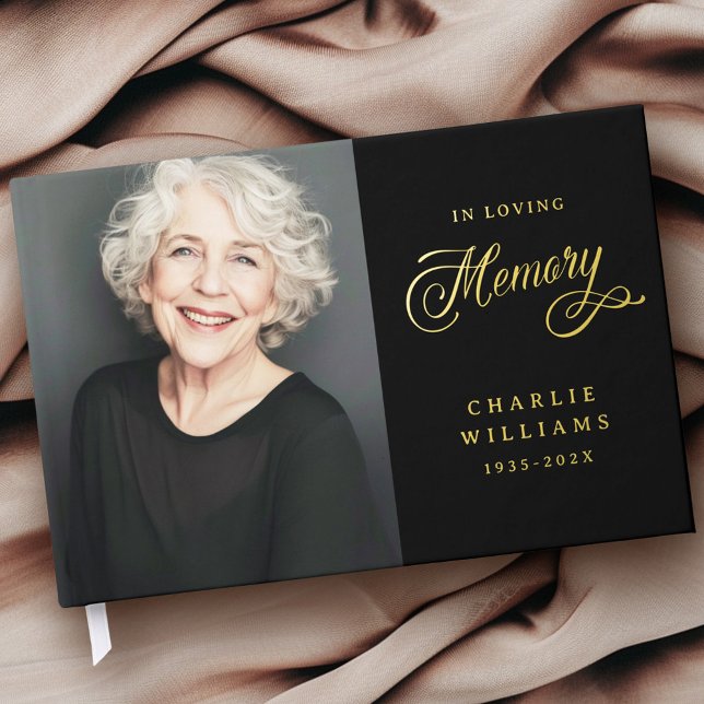 Libro De Visitas Caligrafía en un funeral de amor foto negra (Calligraphy in loving memory funeral black photo foil guest book)
