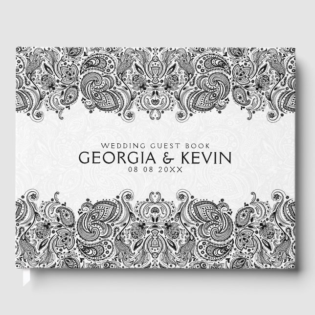 Libro De Visitas Cara de paisley floral blanca y negra (Anverso)