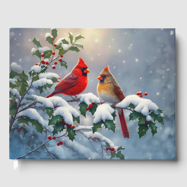 Libro De Visitas Cardenales rojos y Holly en la nieve (Anverso)