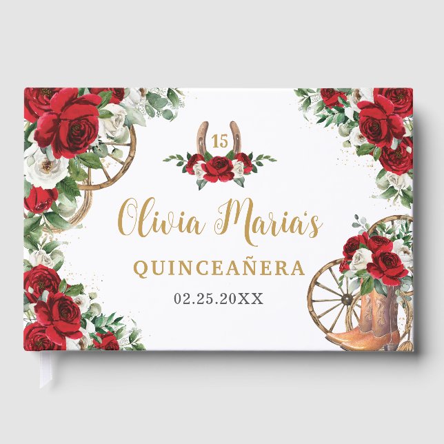 Libro De Visitas Carro blanco rojo Floral Carro Cowboy Boots Quince (Anverso)