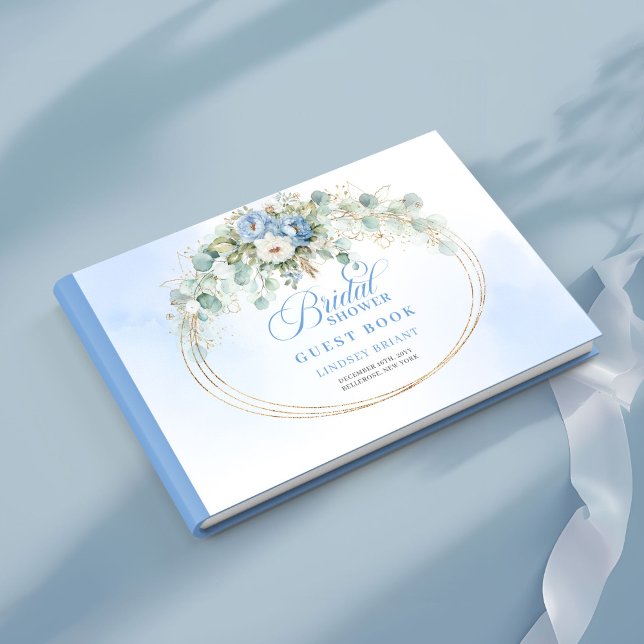 Libro De Visitas Cartel de Invitados Chic Dusty Blue Flores Verdor  (Chic Dusty Blue Flowers Greenery Gold Guest Sign Book)
