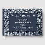 Libro De Visitas Casa de campo Personalizado Vacaciones Alquiler Pl<br><div class="desc">Bienvenidos a su casa de campo o cabaña de alquiler con este libro de bonito de azul marino oscuro con Relieve metalizado plateado real. Este libro personalizado tiene un patrón de flores en la parte delantera y trasera, con un marco en la parte delantera que incluye motivos florales. Las plantillas...</div>