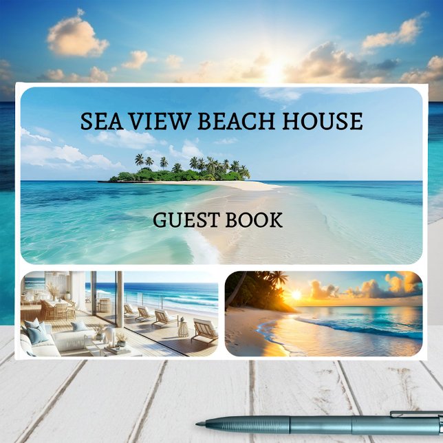Libro De Visitas Casa de playa de su Collage de fotos Personalizado (Guest book with custom photos in a 3 photo grid on the front and 4 photos on the back - beach house)