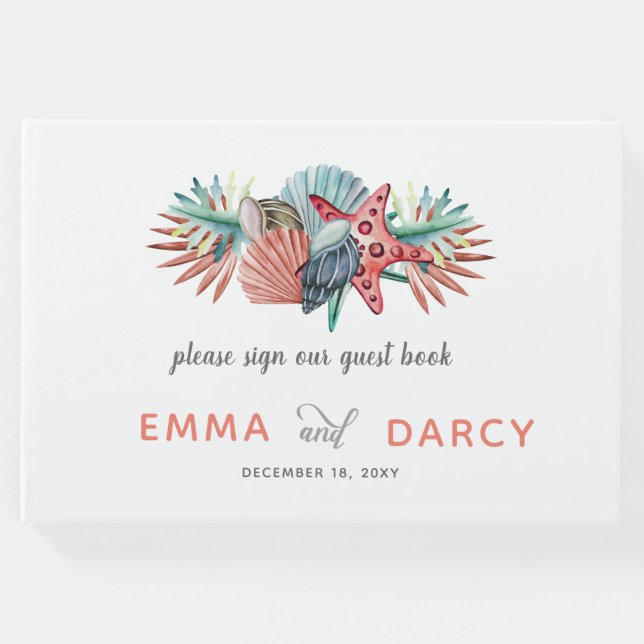 Libro De Visitas Cascada acuática rústica Seashells Starfish Beach  (Anverso)