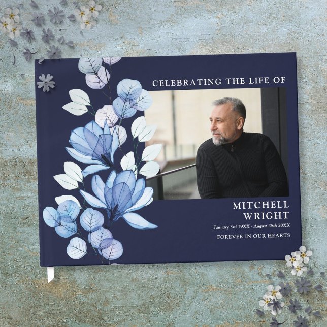 Libro De Visitas Celebración de la vida funeral floral azul marino  (Navy Blue Floral Funeral Celebration Of Life Photo Guest Book)
