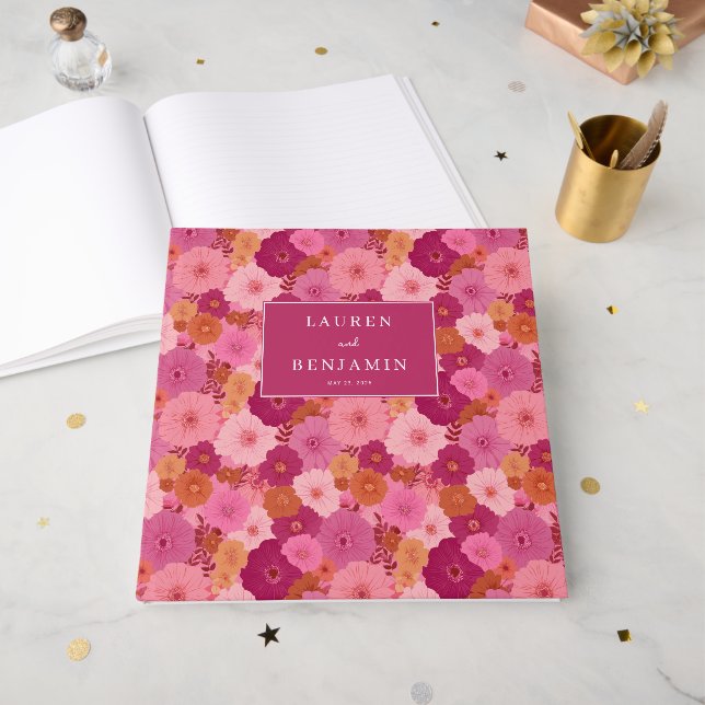 Libro De Visitas Celebración floral rosa alegre (Anverso Abierto)
