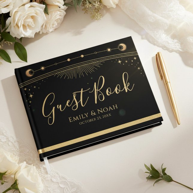 Libro De Visitas Celestial Black Gold Sun Moon Stars Wedding  (Subido por el creador)