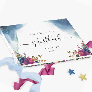 Libro De Visitas Celestial floral, azul estrellado Verde azulado y