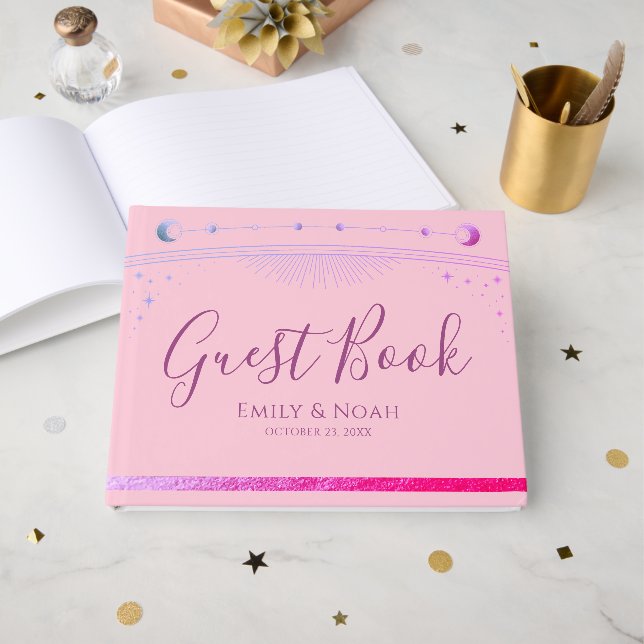 Libro De Visitas Celestial Pink Purple Sun Moon Stars Wedding  (Anverso Abierto)