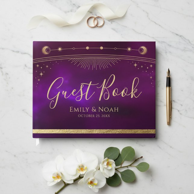 Libro De Visitas Celestial Purple Teal Gold Sun Moon Stars Wedding  (Subido por el creador)