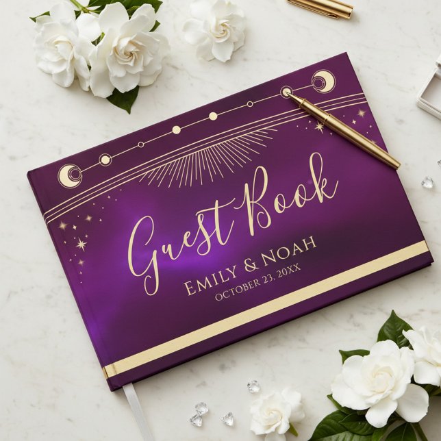 Libro De Visitas Celestial Purple Teal Gold Sun Moon Stars Wedding  (Subido por el creador)