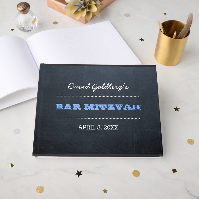 Libro De Visitas Chalkboard Blue Bar Mitzvah Guest Book (Anverso Abierto)