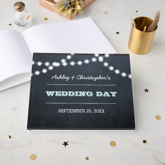 Libro De Visitas Chalkboard Lights Aqua Boda Guest Book (Anverso Abierto)