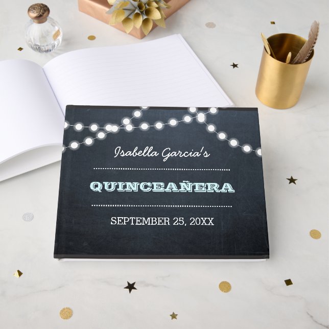 Libro De Visitas Chalkboard Lights Aqua Quinceañera Guest Book (Anverso Abierto)
