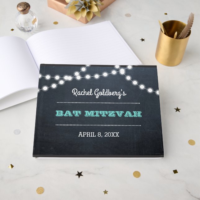 Libro De Visitas Chalkboard Lights Verde azulada Bat Mitzvah Guest  (Anverso Abierto)