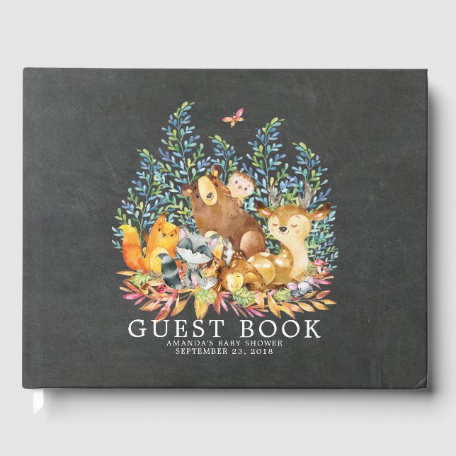 Libro De Visitas Chalkboard Woodland Baby Shower Guest Book (Anverso)