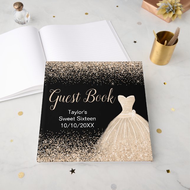 Libro De Visitas Champagne Dress Faux Glitter Sweet 16 Birthday (Anverso Abierto)