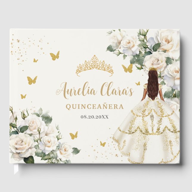 Libro De Visitas Champán Ivory Floral Butterflies Quinceañera (Anverso)