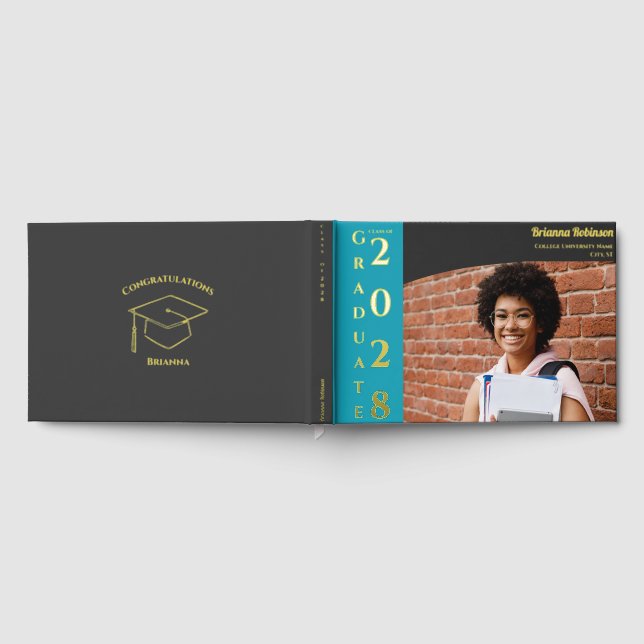 Libro De Visitas Charcoal Brown Modern Photo Graduation Party Gold  (Lleno)