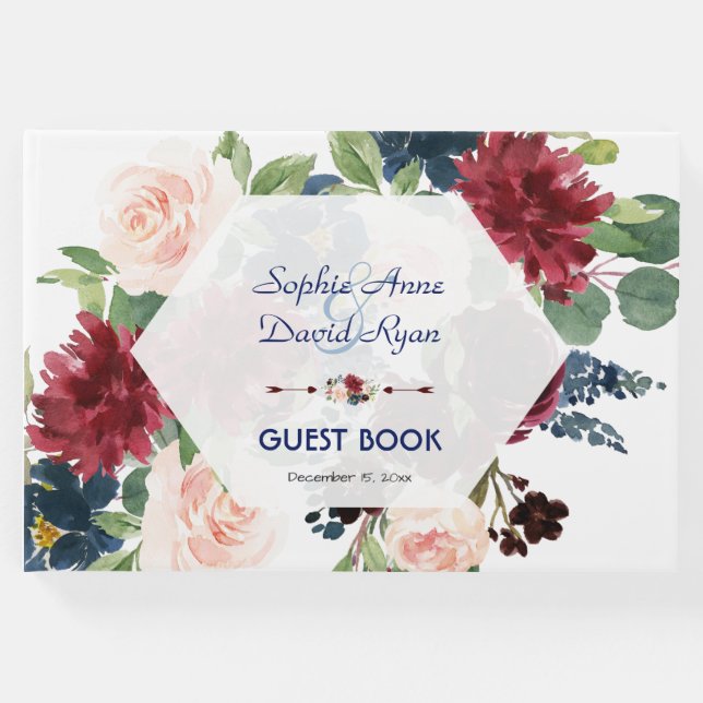 Libro De Visitas Charm Burgundy Floral Hexagon Frame Boda (Anverso)