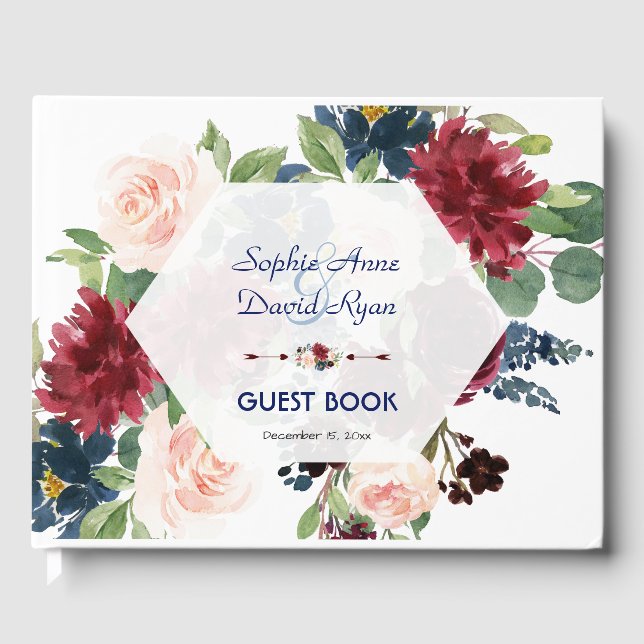 Libro De Visitas Charm Burgundy Floral Hexagon Frame Boda (Anverso)