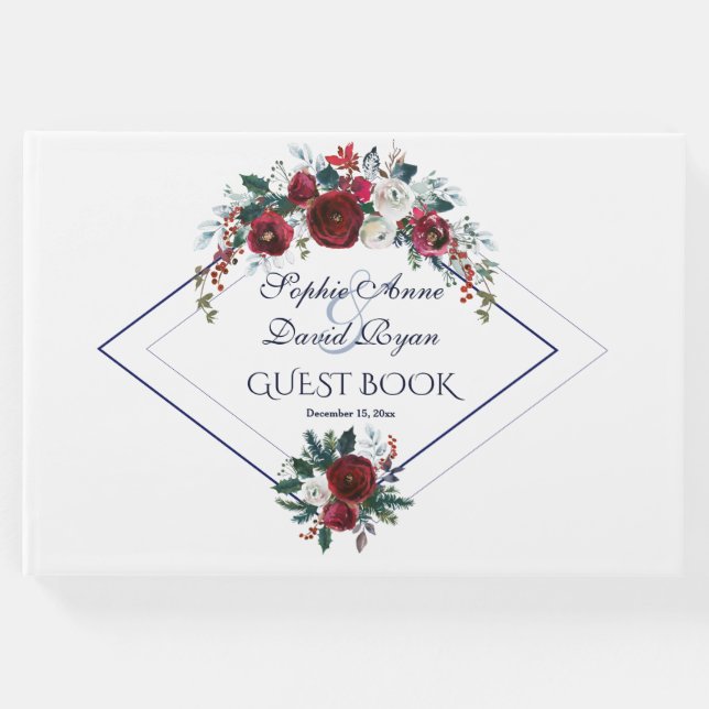 Libro De Visitas Charm Geometric Burgundy Navy Blue Floral Boda (Anverso)