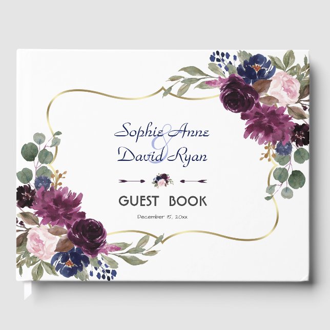 Libro De Visitas Charm Lavender Navy Gold Floral Bloom Boda (Anverso)