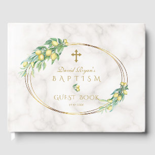 Libro De Visitas Charm Lemon Fruits Marble Gold Cross Boy Baptismo