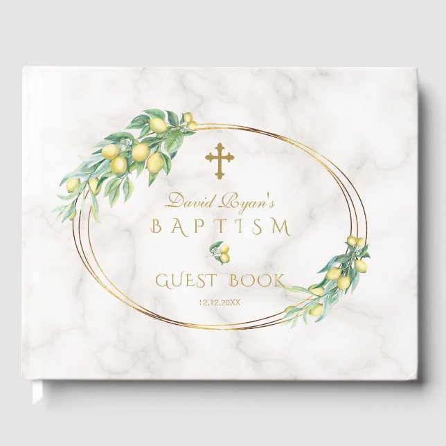 Libro De Visitas Charm Lemon Fruits Marble Gold Cross Boy Baptismo (Anverso)