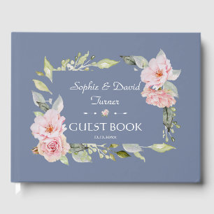 Libro De Visitas Charm Pink Floral Dusty Blue Boda