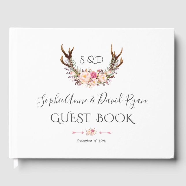 Libro De Visitas Charm Pink Rubor Flowers Antlers Boda (Anverso)