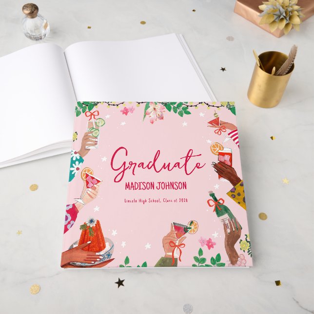 Libro De Visitas Cheers to the Grad Cute Doodle Graduation Party  (Anverso Abierto)