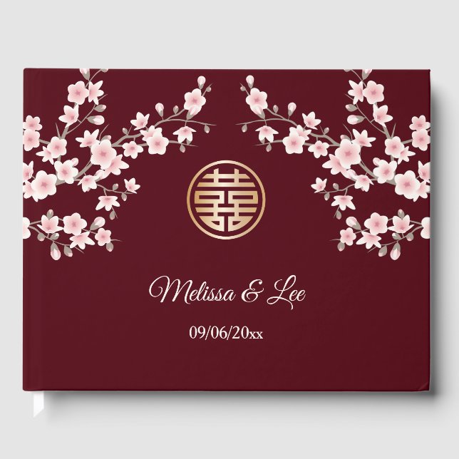Libro De Visitas Cherry Blossom Maroon Rosa Boda chino (Anverso)