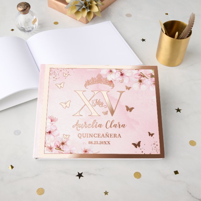 Libro De Visitas Cherry Blossoms Quinceañera Quince 15 XV Rose Gold (Anverso Abierto)