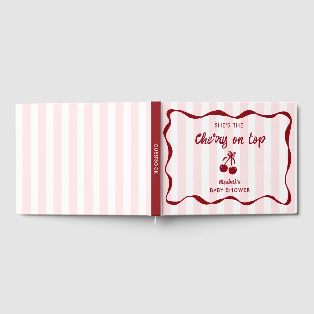 Libro De Visitas Cherry on Top Baby Shower Custom Pink Stripes Cute (Lleno)