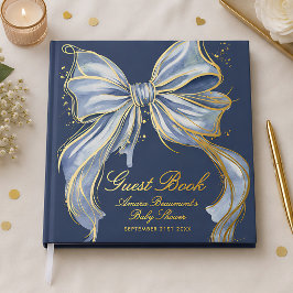 Libro De Visitas Chic Azul Couture Acuarela Lazo Dorado Baby Shower
