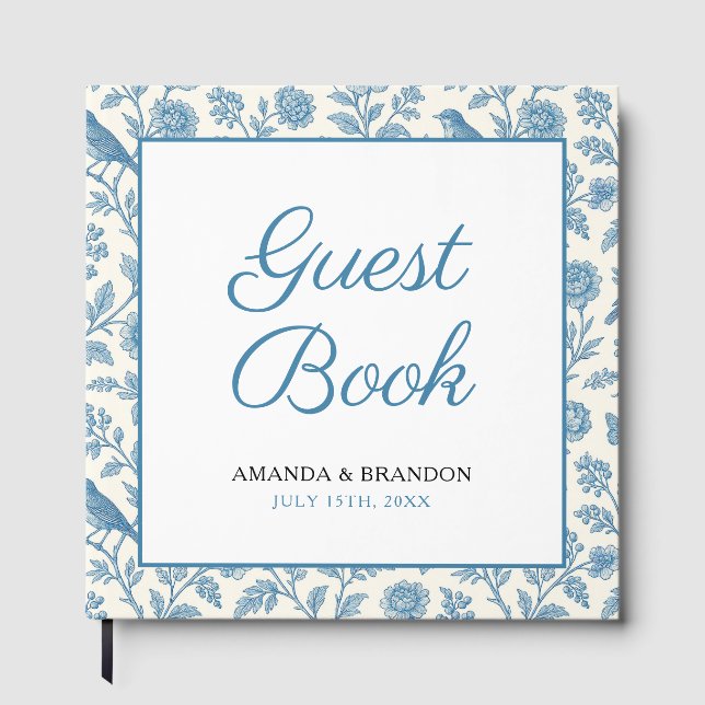 Libro De Visitas Chic Blue Toile de Jouy Floral Border Wedding (Anverso)